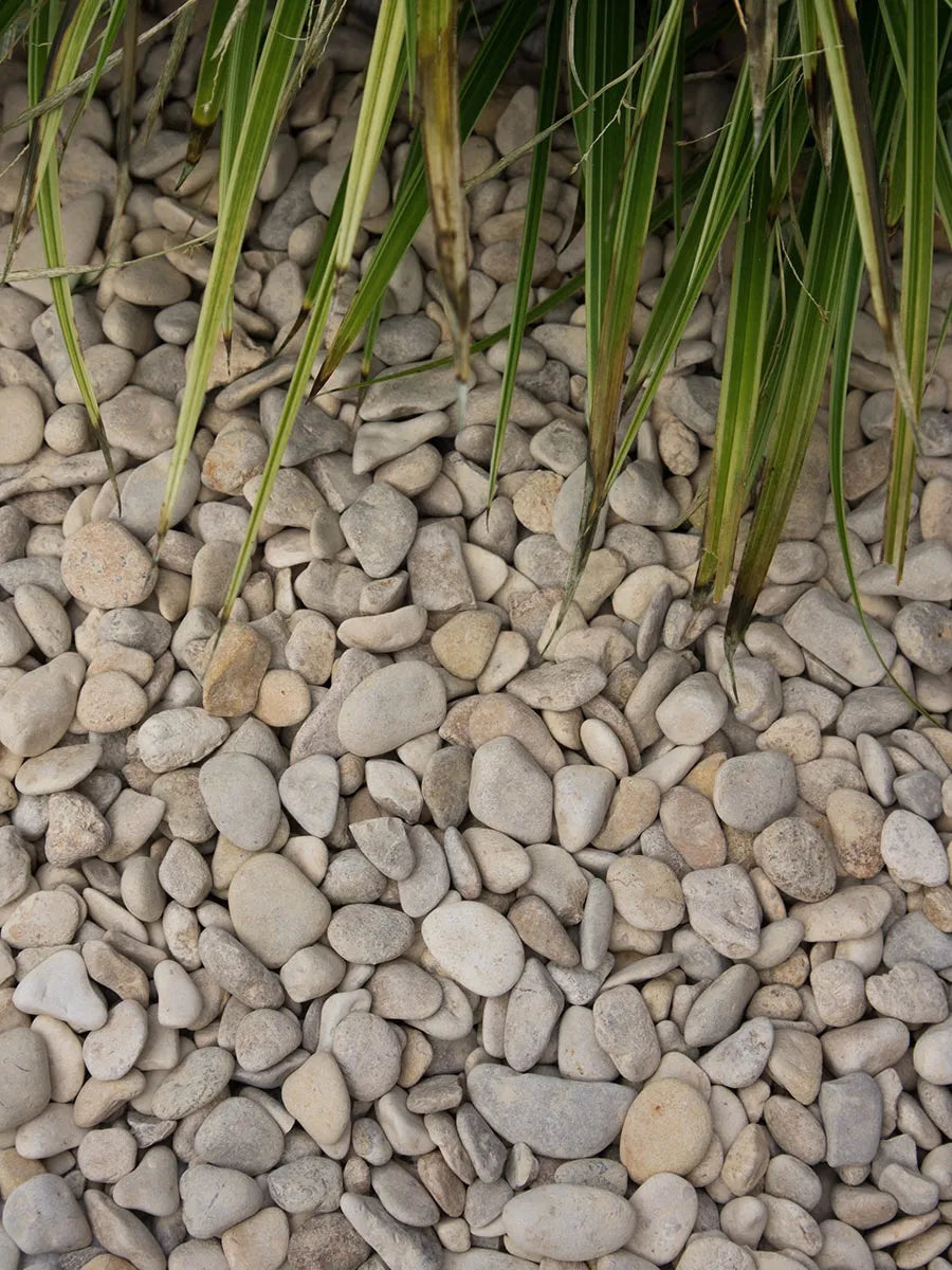 Afgeronde sierstenen in grijze en beige tinten naast groene bladeren